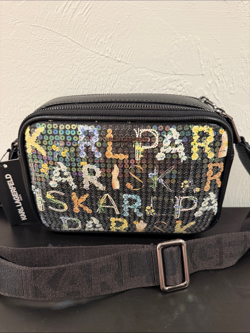 Karl Lagerfeld Black Sequin Crossbody with Multicolor Lettering